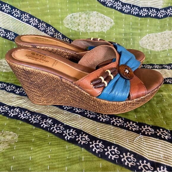 Spring Step Blue and Brown Leather Boho Wedge Heels Size 9 - Picture 3 of 14